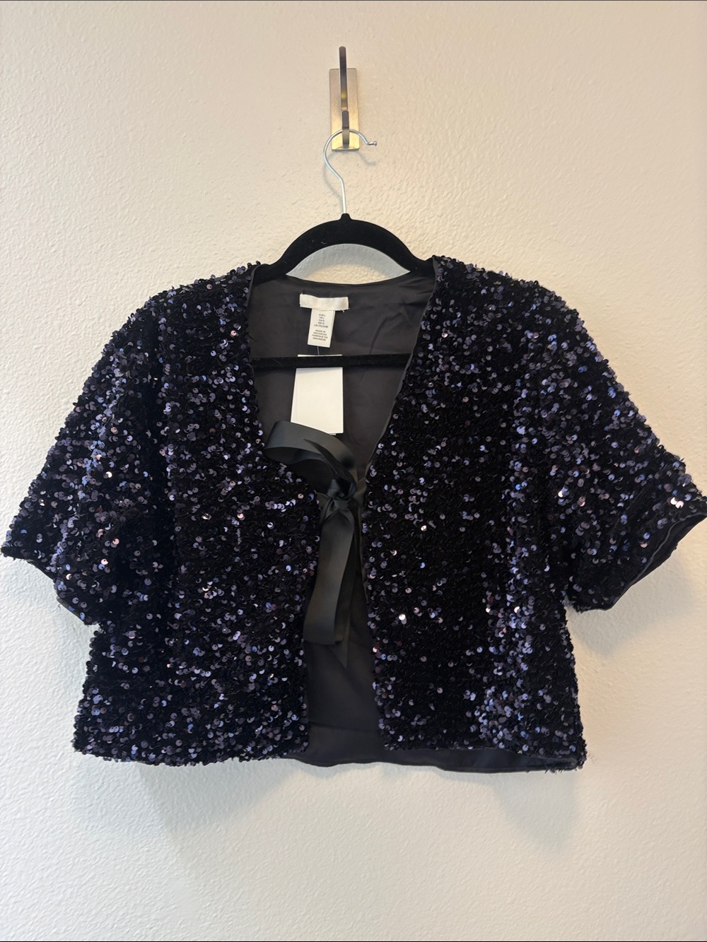 Women's Navy Sequin Short Sleeve Evening Jacket with Ribbon Tie
